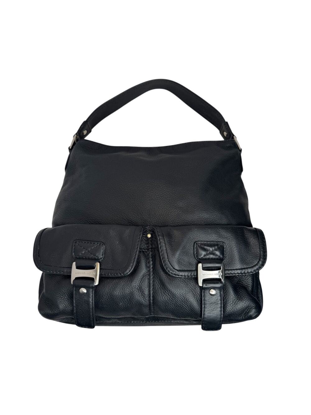 Michael Kors Black Pebbled Leather Shoulder Bag Hobo with Silver Hardware